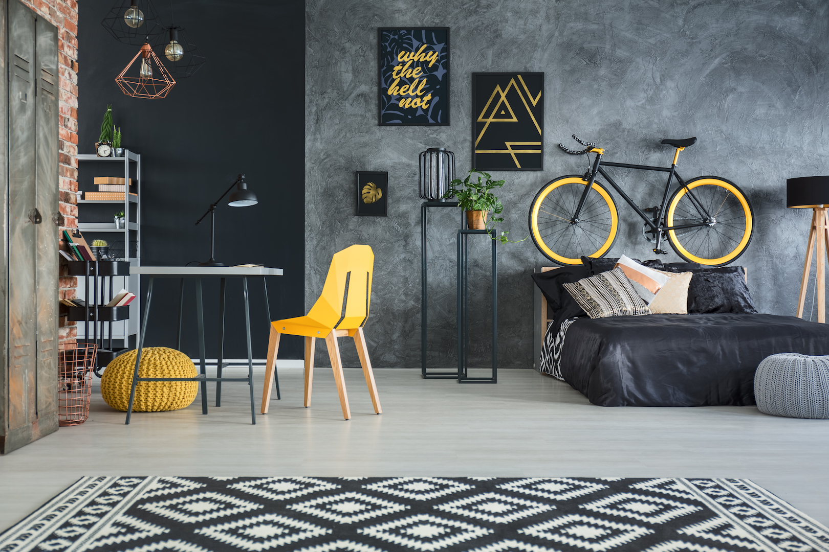 Modern studio flat of a man with yellow decors